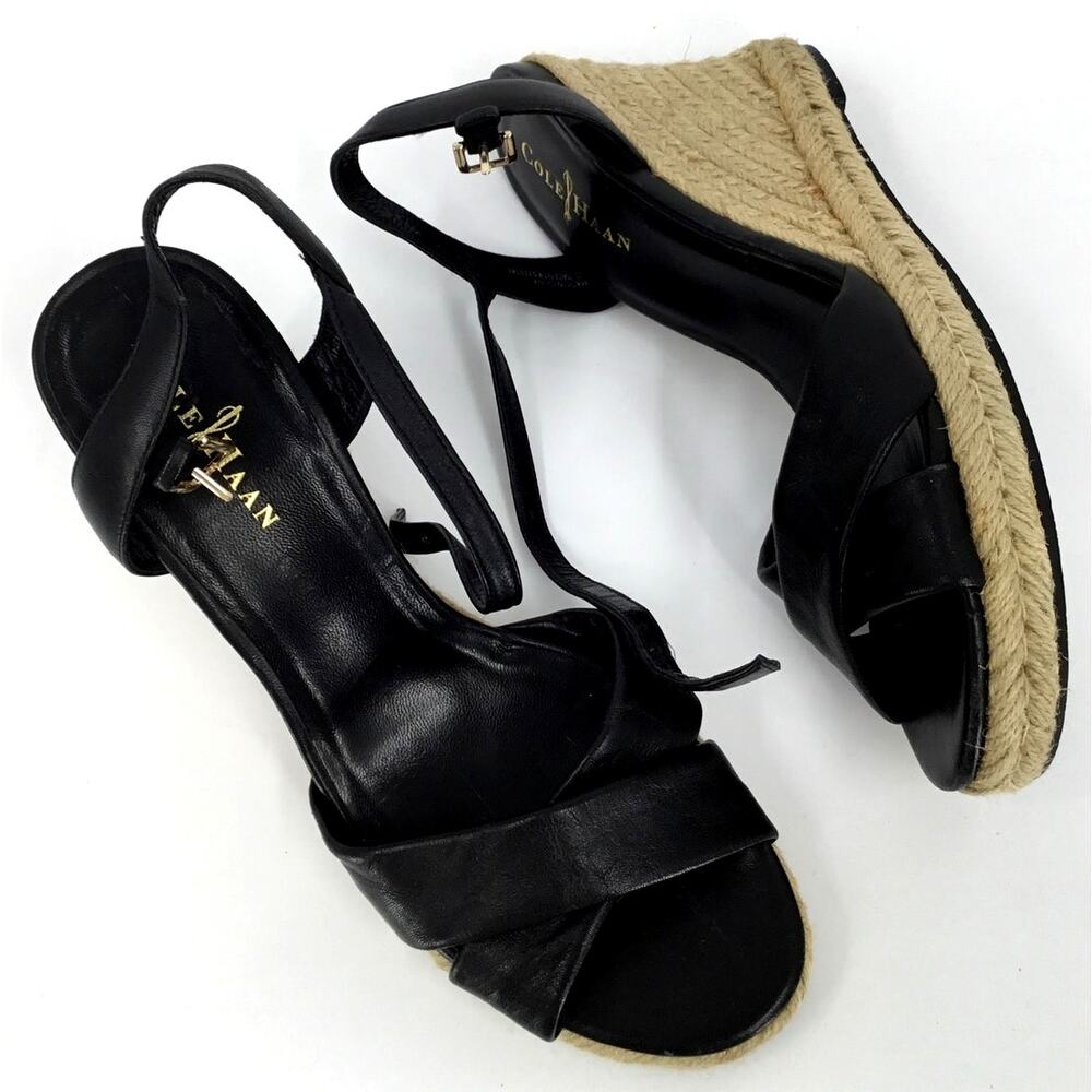 Cole Haan Air Camila 90 Black Leather Espadrille Wedge Sandals 9.5B Vacation